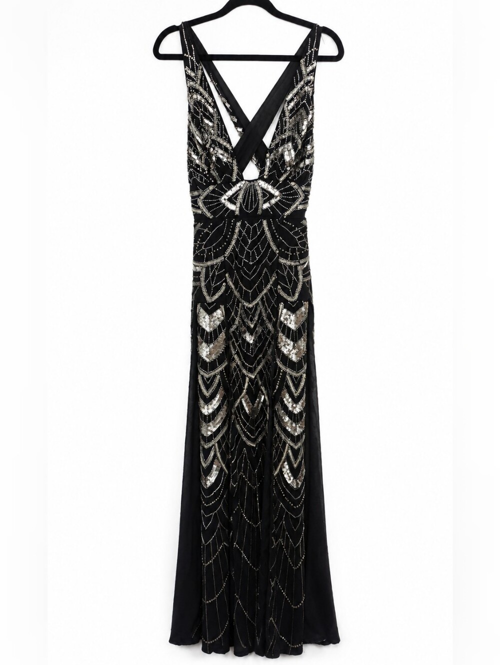Black embellished beaded dress with beads sequins gala prom  silver V neck
